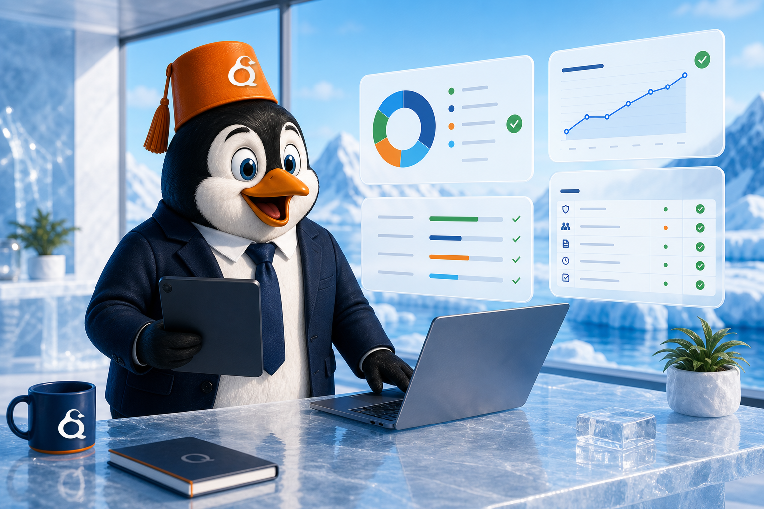 Qlaritee mascotte in een premium arctische werkruimte met finance dashboards
